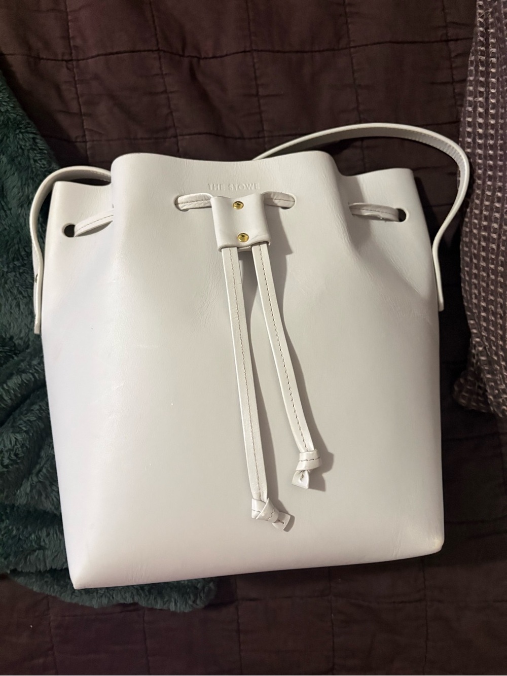 The stowe White Leather Drawstring Shoulder Bucket Bag